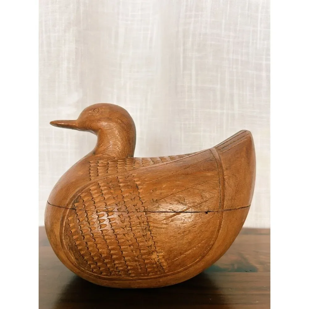Vintage Hand-Carved Teak Wood Duck Trinket Box
